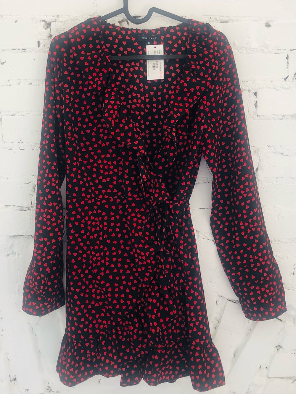 William B Black Wrap Dress with Red Heart Print